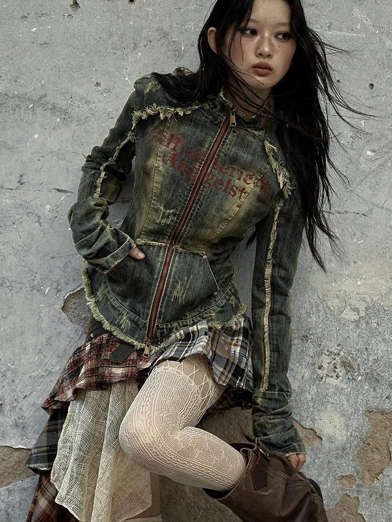 Vintage Punk Rock Distressed Washed Denim Jacket Women Coat