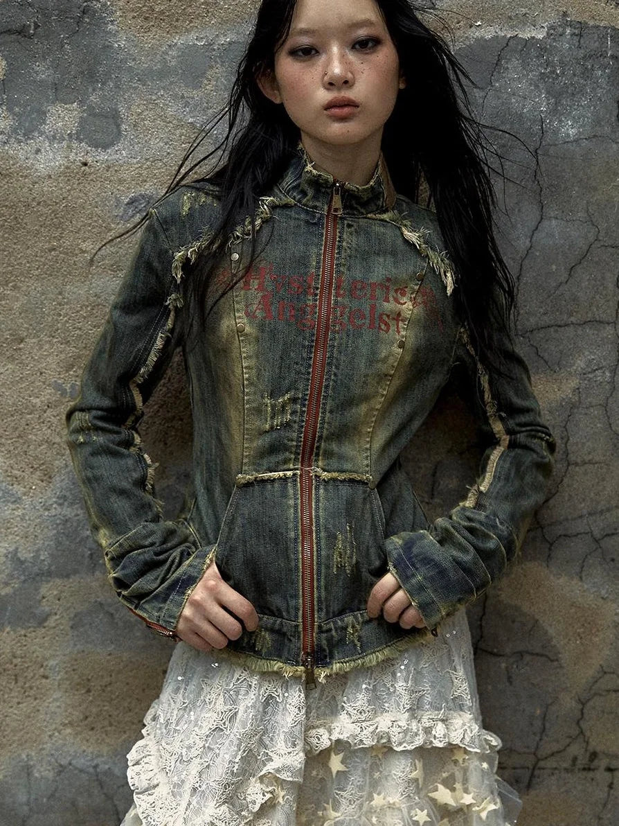 Vintage Punk Rock Distressed Washed Denim Jacket Women Coat