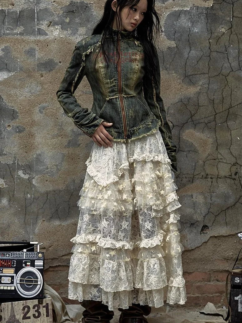 Vintage Punk Rock Distressed Washed Denim Jacket Women Coat