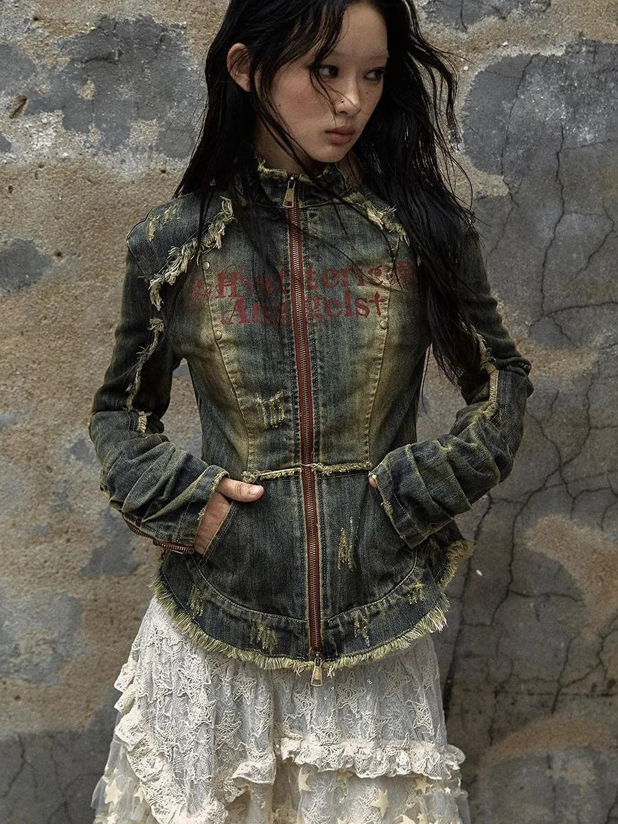 Vintage Punk Rock Distressed Washed Denim Jacket Women Coat