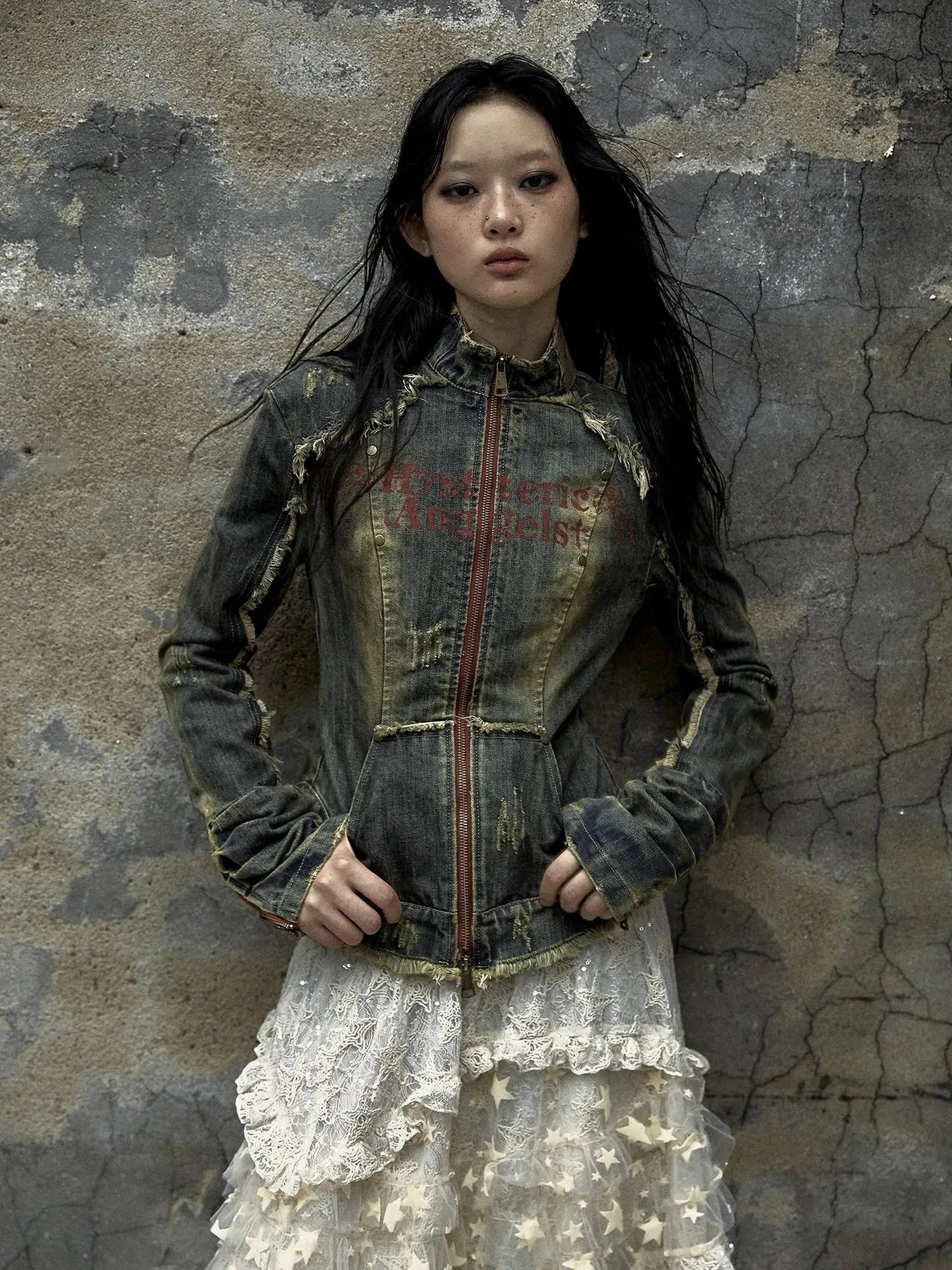 Vintage Punk Rock Distressed Washed Denim Jacket Women Coat