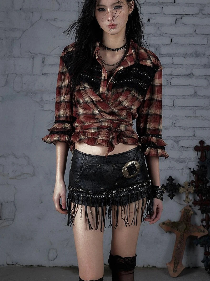 Vintage Punk Rock Studded Chain Skinny Leather Shorts