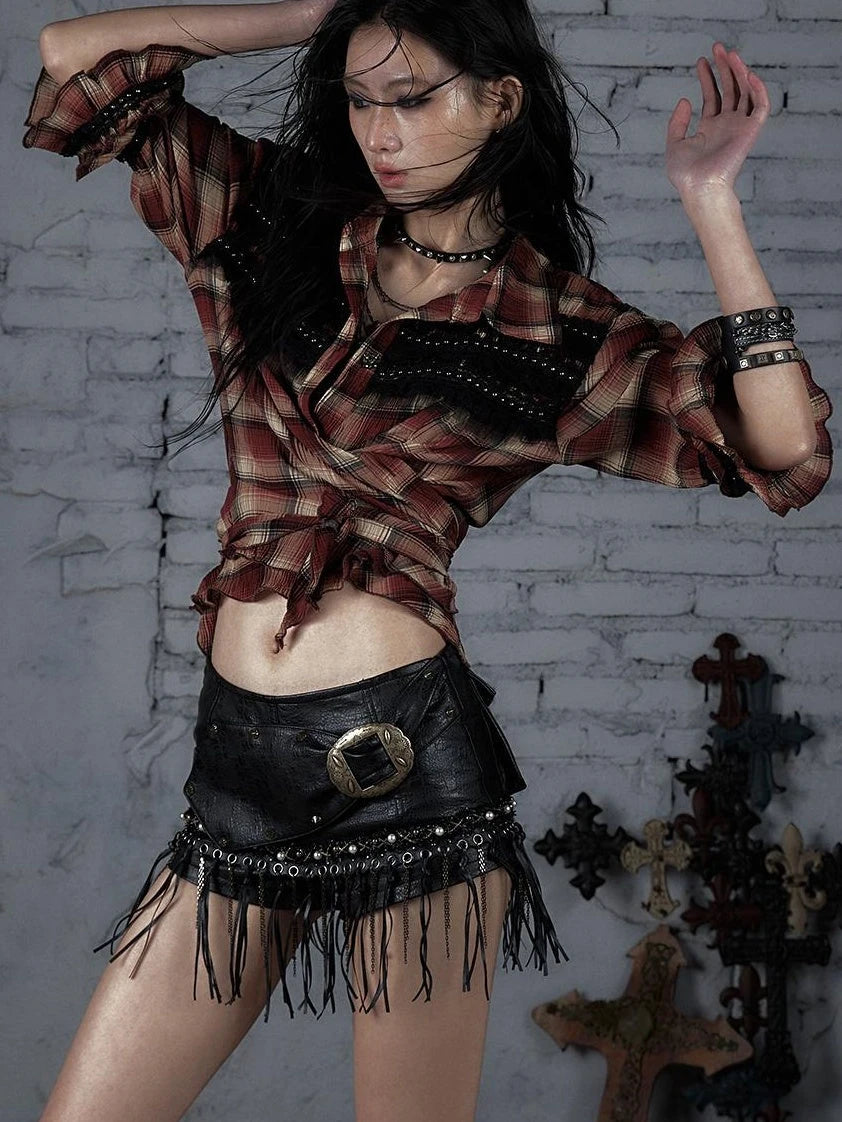 Vintage Punk Rock Studded Chain Skinny Leather Shorts