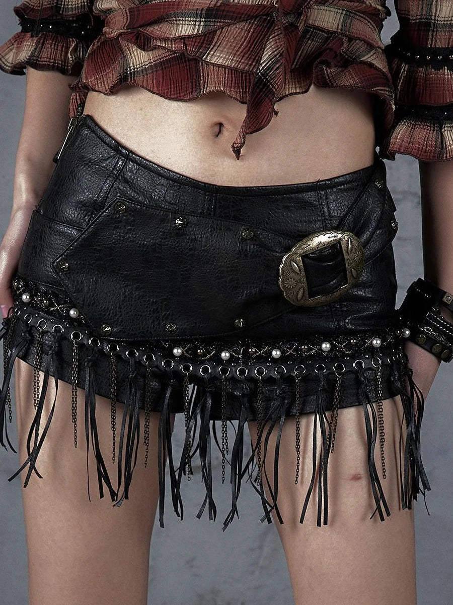 Vintage Punk Rock Studded Chain Skinny Leather Shorts