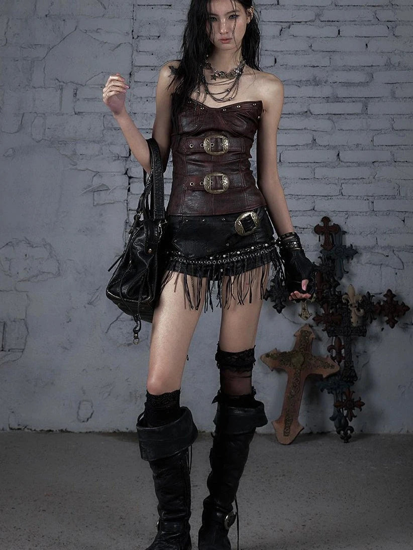 Vintage Punk Rock Studded Chain Skinny Leather Shorts