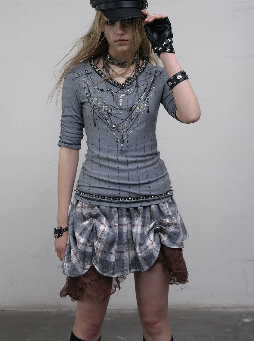 NO ROMANCE禁忌浪漫 Vintage Punk Royal V-Neck T-Shirt With Detachable Apron