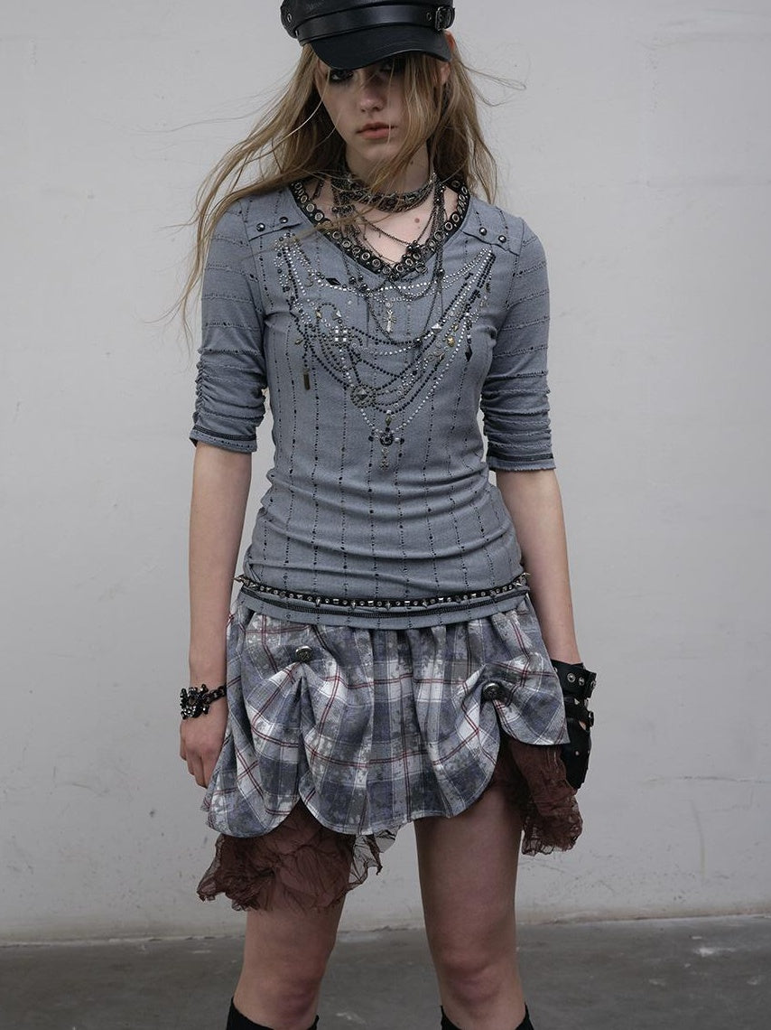 NO ROMANCE禁忌浪漫 Vintage Punk Royal V-Neck T-Shirt With Detachable Apron