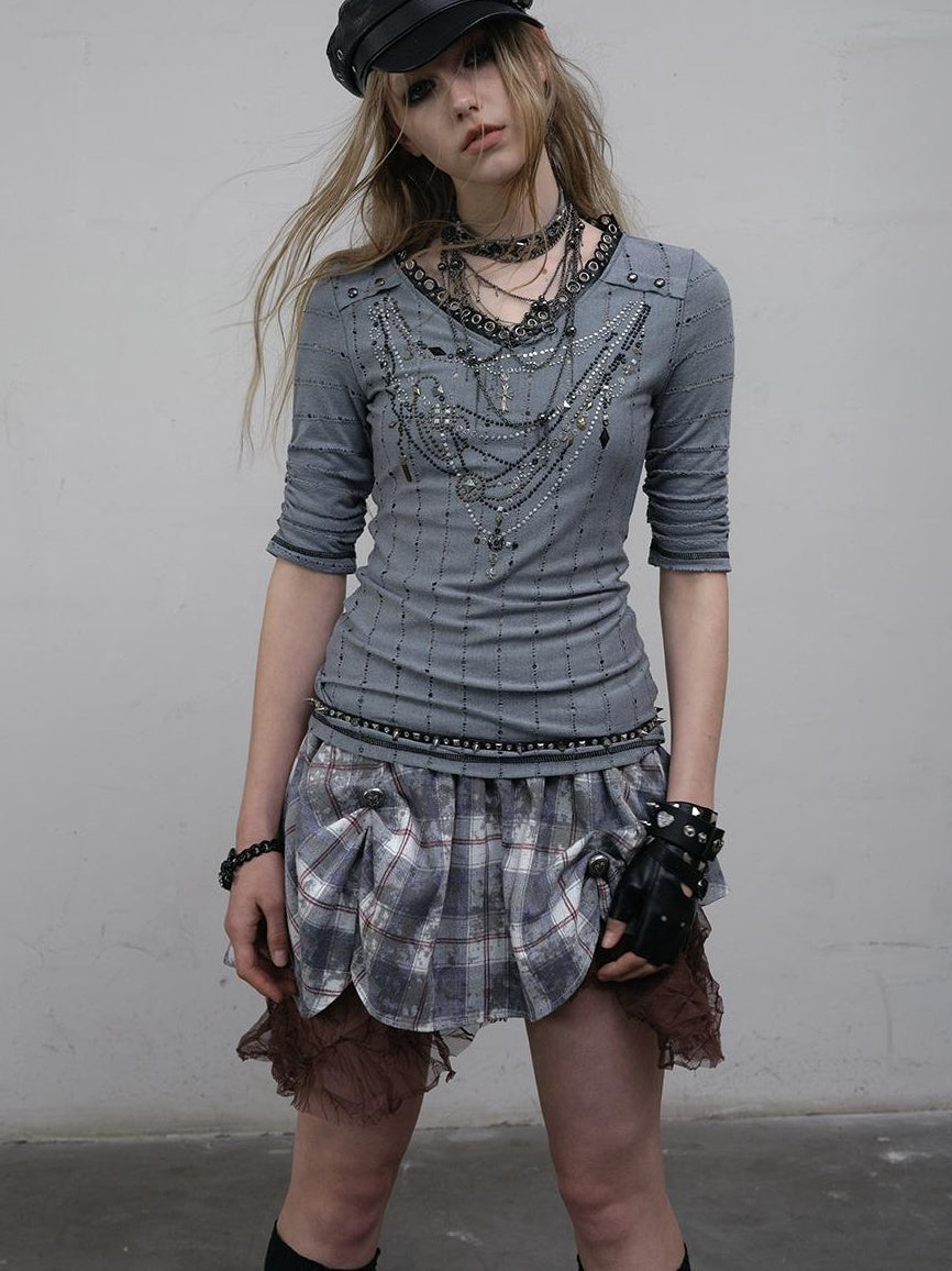NO ROMANCE禁忌浪漫 Vintage Punk Royal V-Neck T-Shirt With Detachable Apron