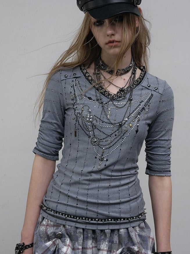 NO ROMANCE禁忌浪漫 Vintage Punk Royal V-Neck T-Shirt With Detachable Apron