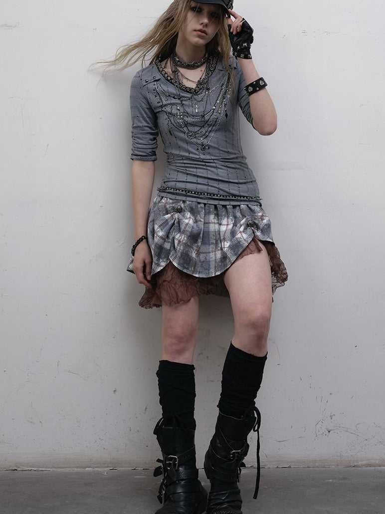 NO ROMANCE禁忌浪漫 Vintage Punk Royal V-Neck T-Shirt With Detachable Apron
