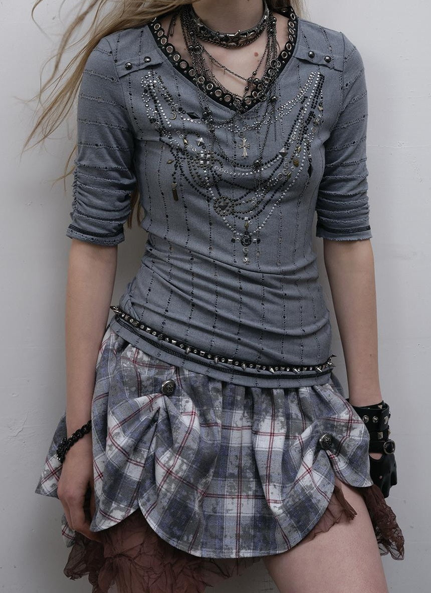 NO ROMANCE禁忌浪漫 Vintage Punk Royal V-Neck T-Shirt With Detachable Apron