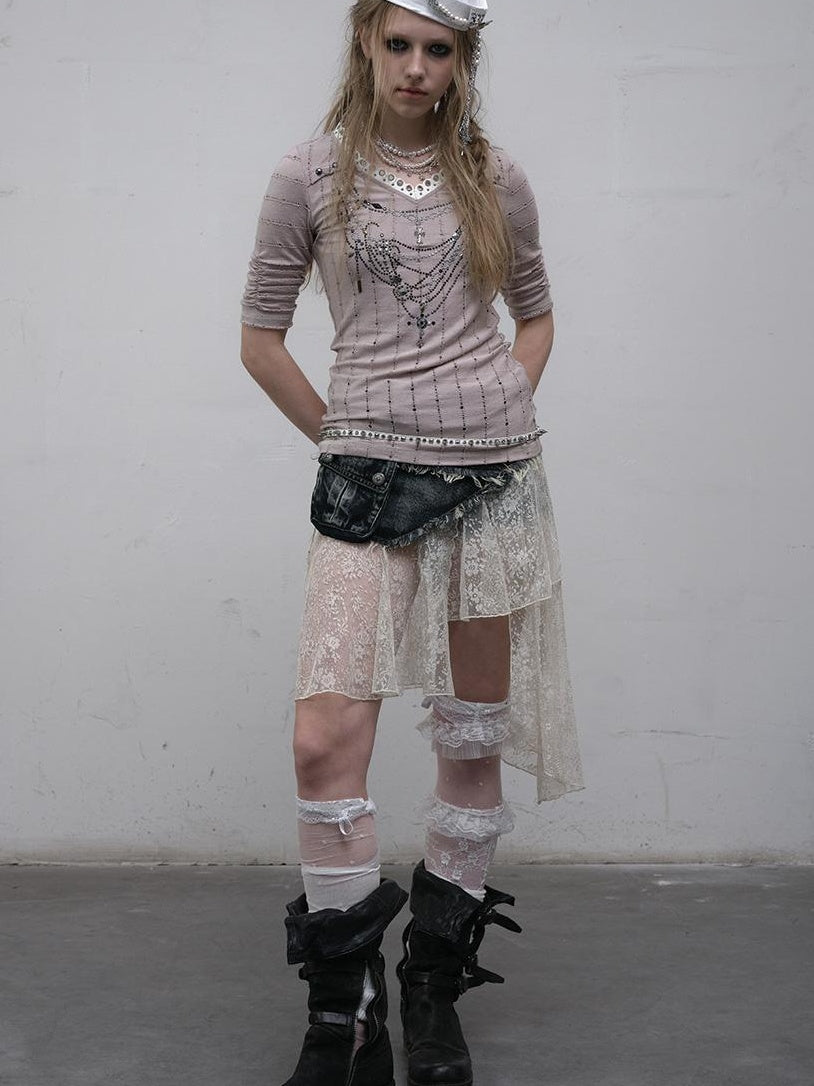 NO ROMANCE禁忌浪漫 Vintage Punk Royal V-Neck T-Shirt With Detachable Apron