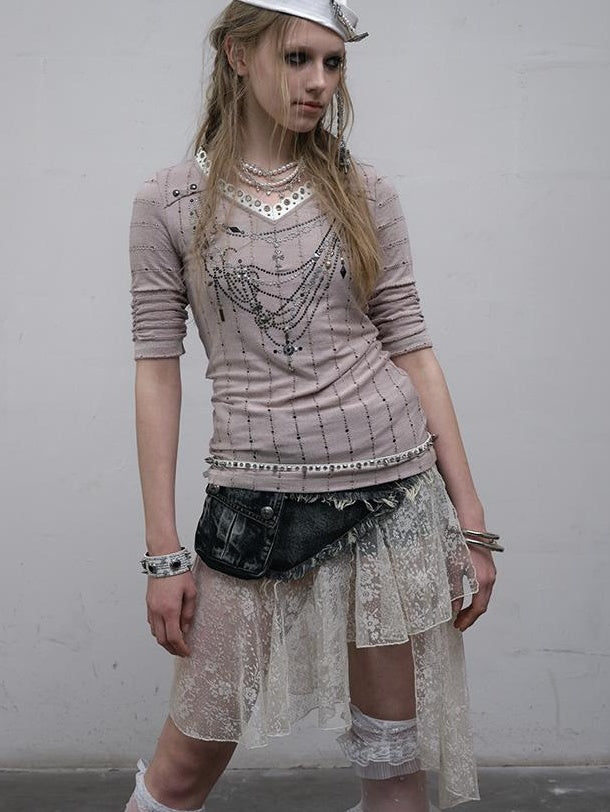 NO ROMANCE禁忌浪漫 Vintage Punk Royal V-Neck T-Shirt With Detachable Apron