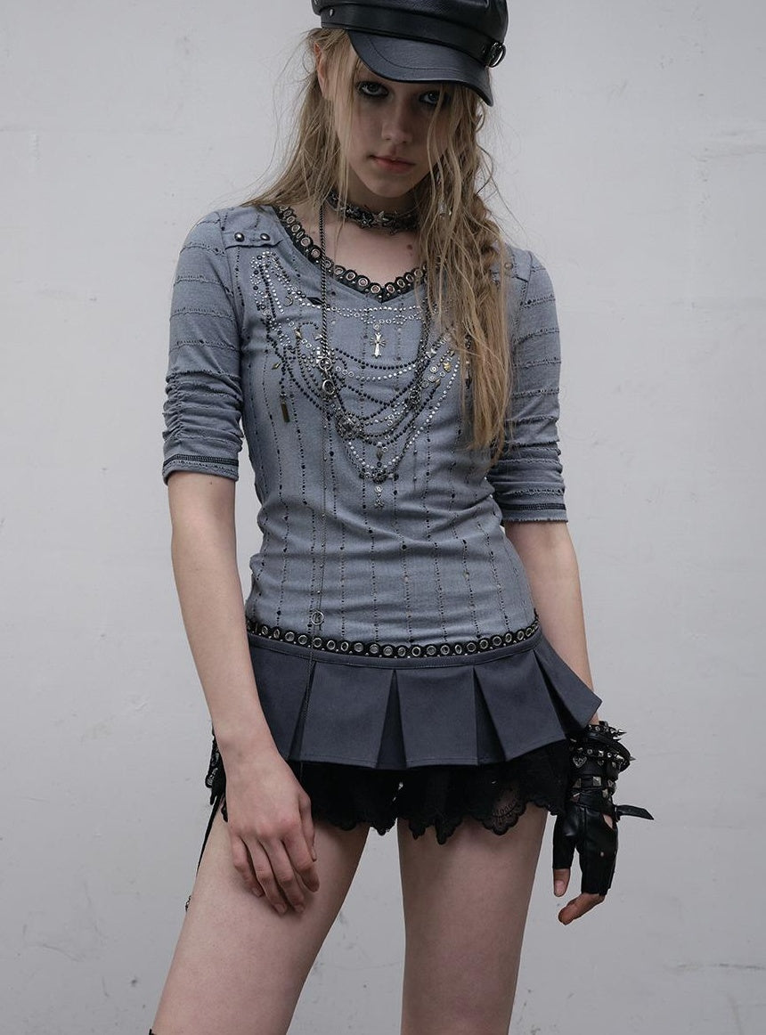 NO ROMANCE禁忌浪漫 Vintage Punk Royal V-Neck T-Shirt With Detachable Apron