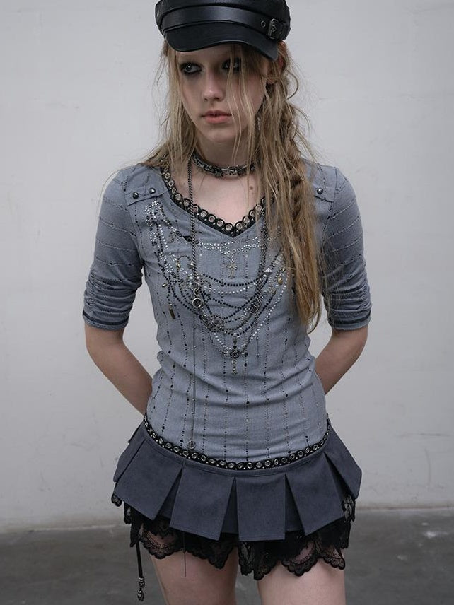 NO ROMANCE禁忌浪漫 Vintage Punk Royal V-Neck T-Shirt With Detachable Apron