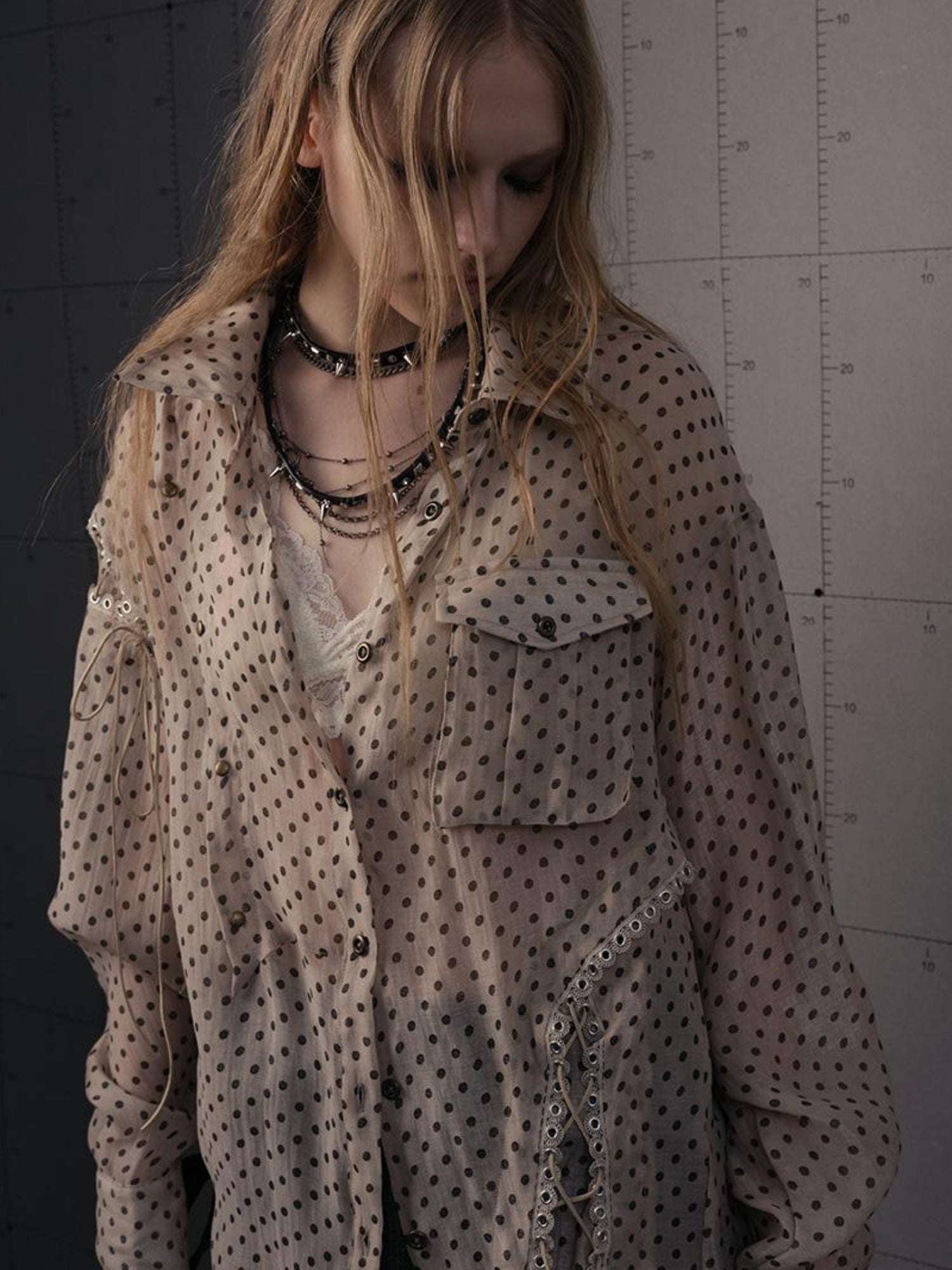 NO ROMANCE Vintage Punk Sheer Chiffon Dot Checkered Oversized Shirt