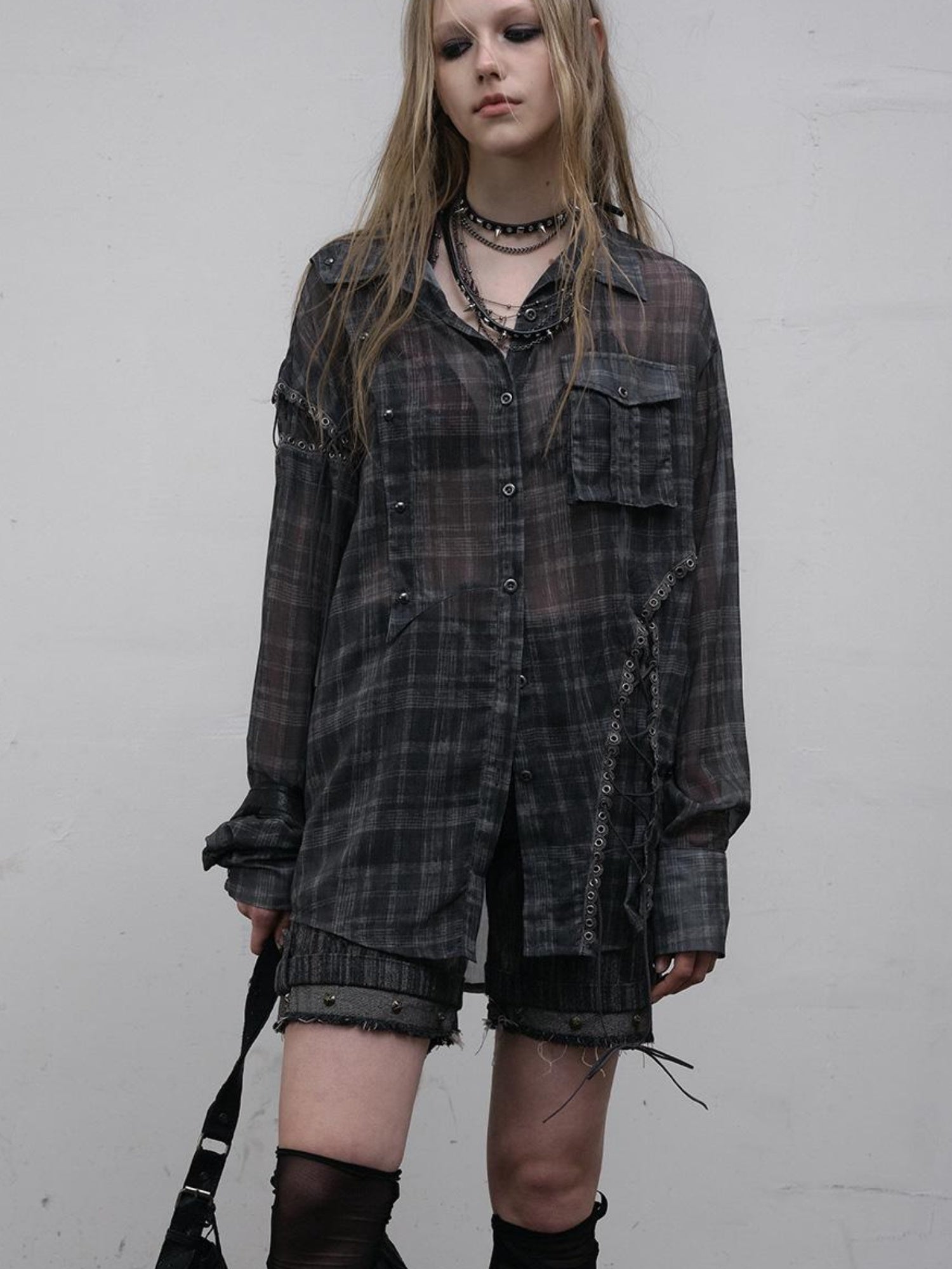 NO ROMANCE Vintage Punk Sheer Chiffon Dot Checkered Oversized Shirt