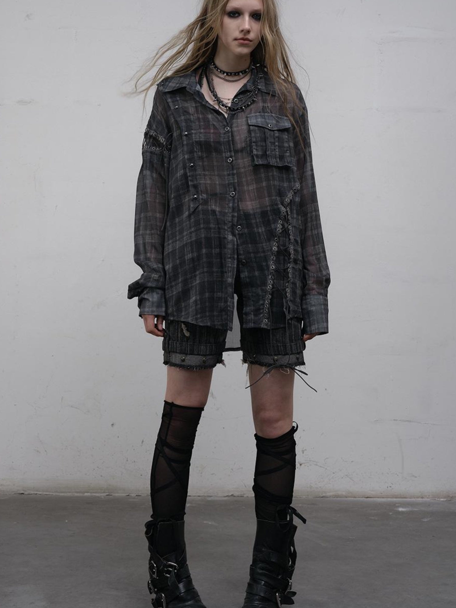 NO ROMANCE Vintage Punk Sheer Chiffon Dot Checkered Oversized Shirt