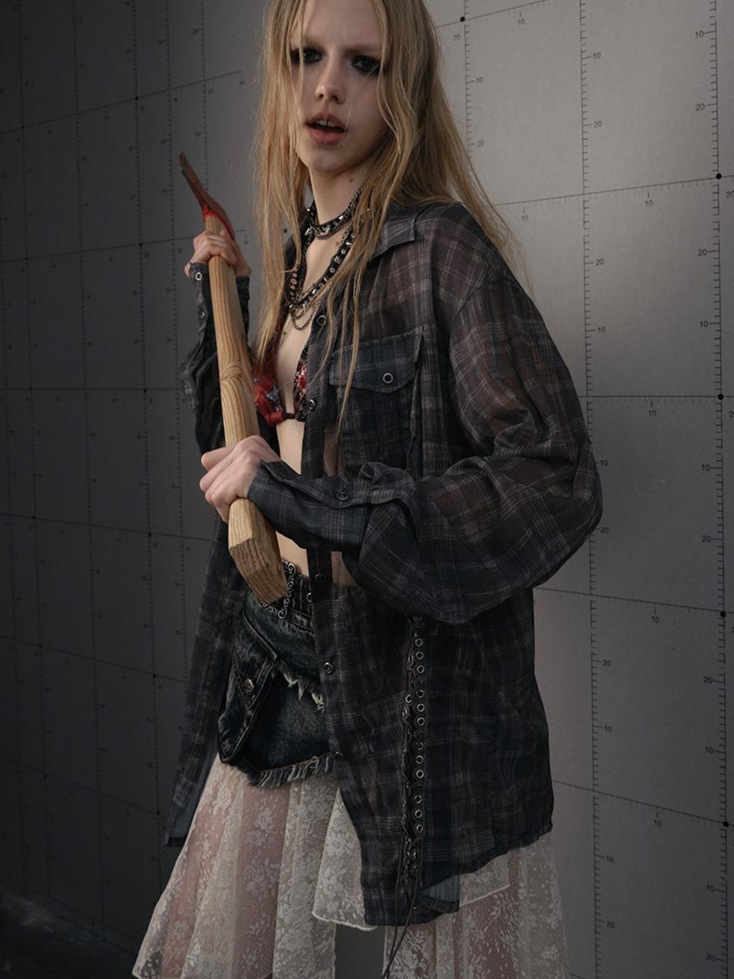 NO ROMANCE Vintage Punk Sheer Chiffon Dot Checkered Oversized Shirt
