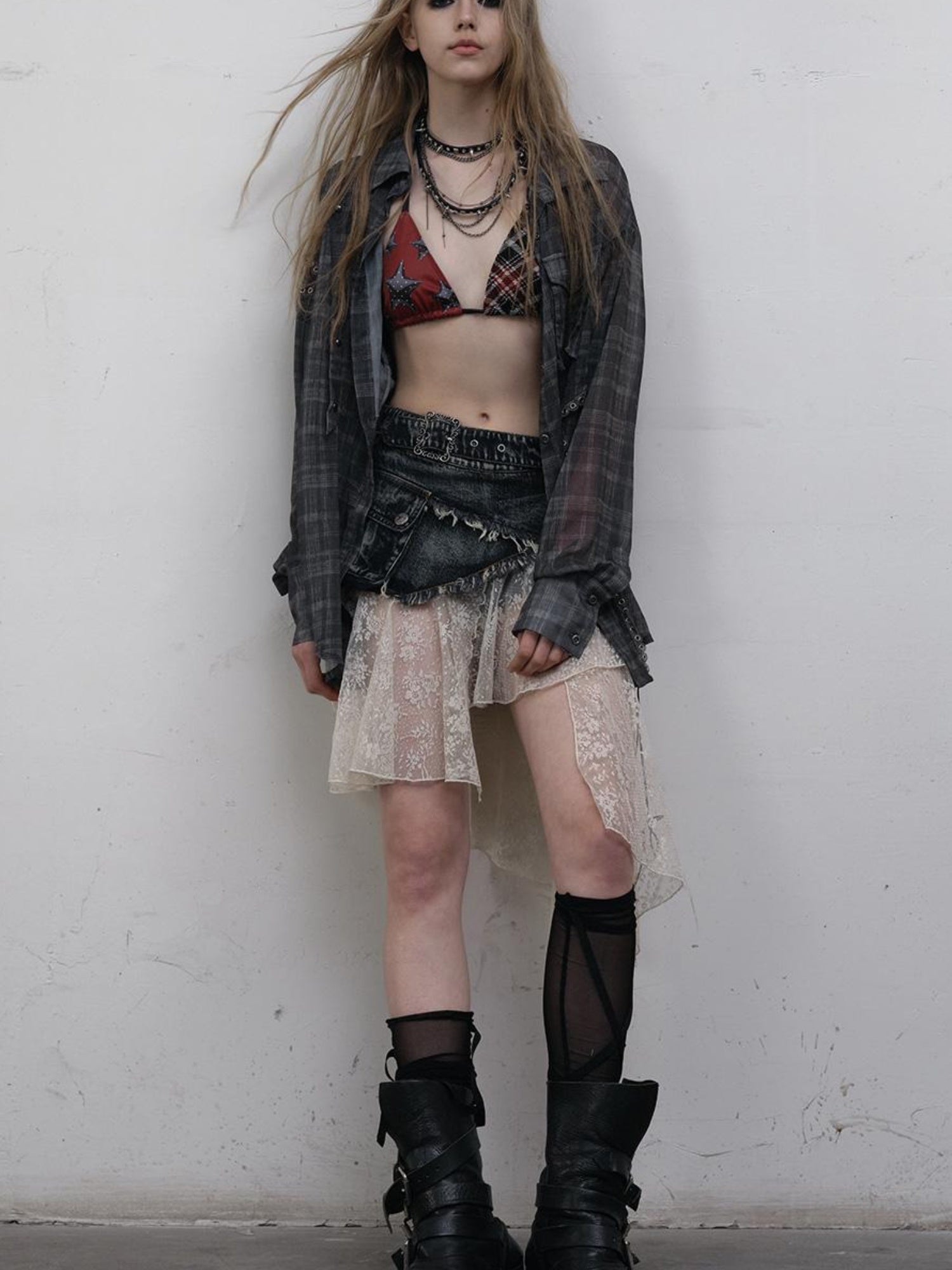 NO ROMANCE Vintage Punk Sheer Chiffon Dot Checkered Oversized Shirt