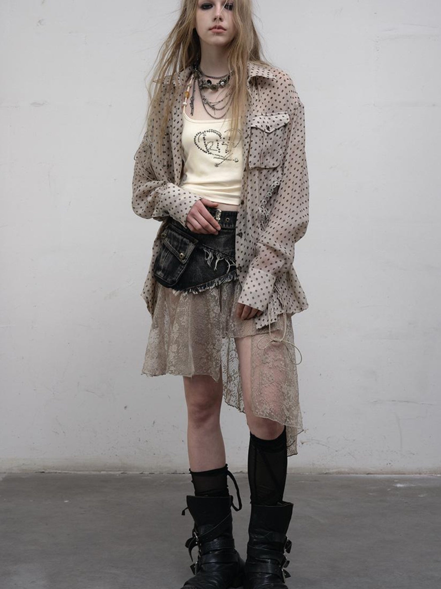 NO ROMANCE Vintage Punk Sheer Chiffon Dot Checkered Oversized Shirt