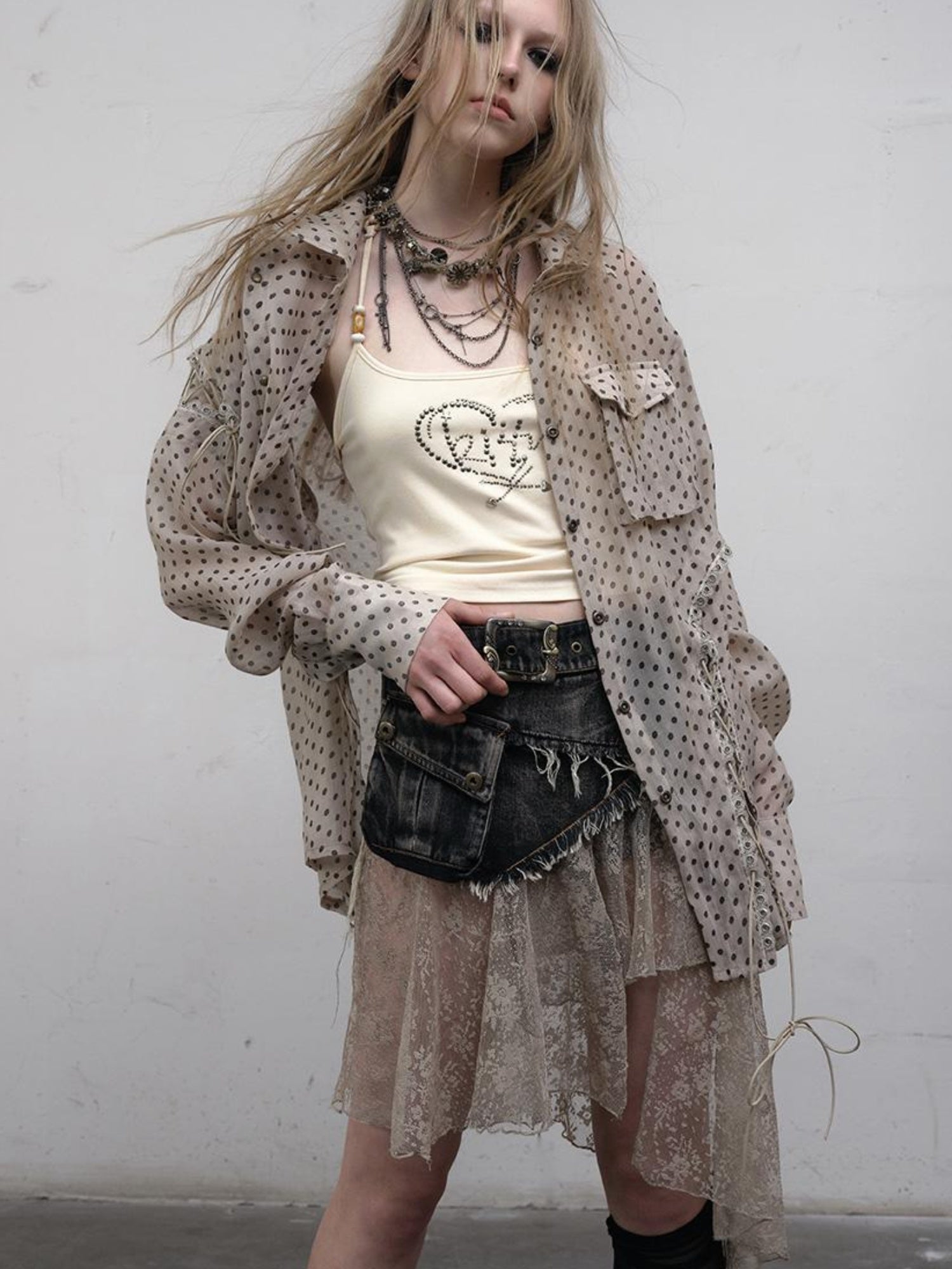 NO ROMANCE Vintage Punk Sheer Chiffon Dot Checkered Oversized Shirt