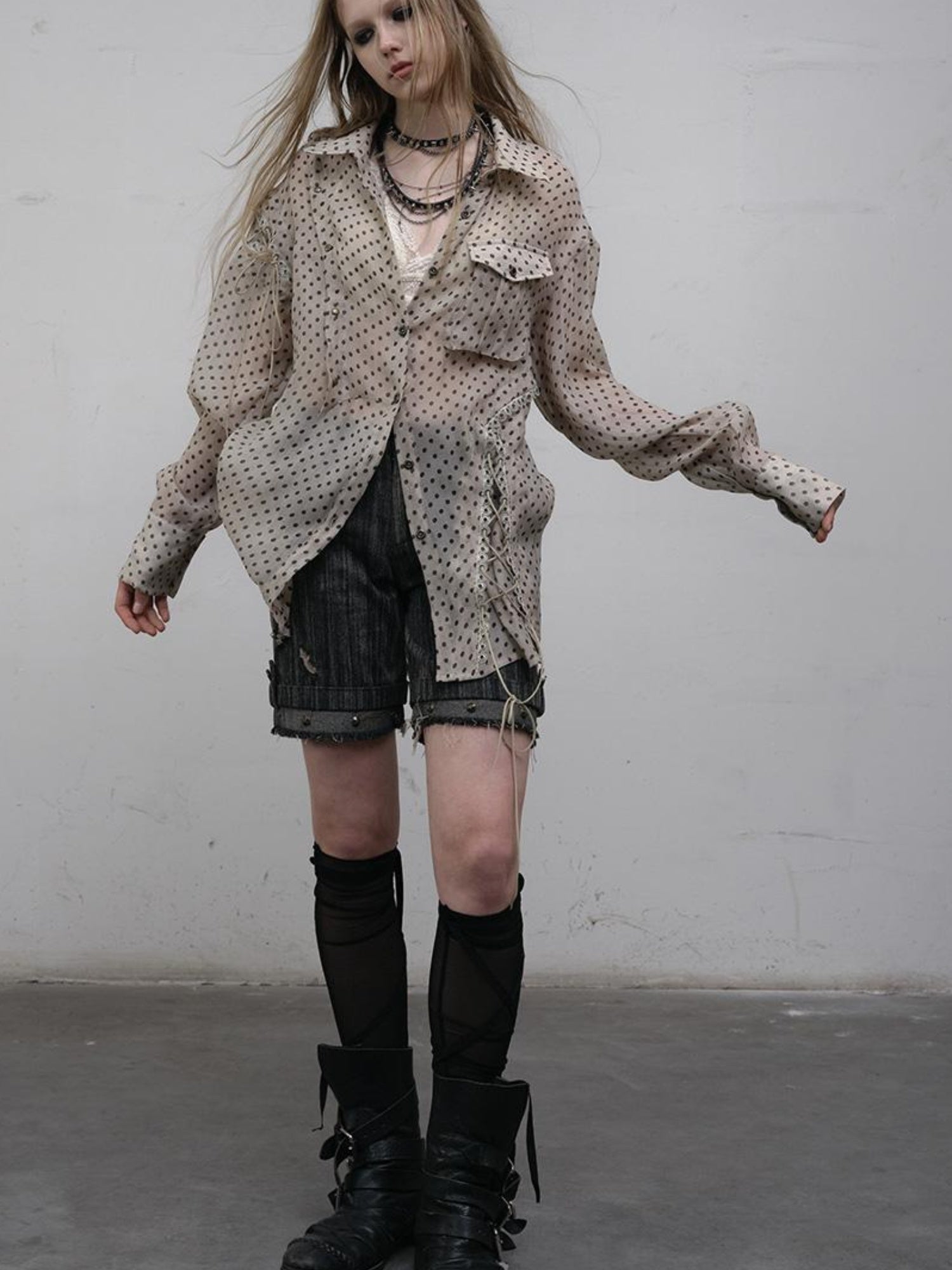 NO ROMANCE Vintage Punk Sheer Chiffon Dot Checkered Oversized Shirt