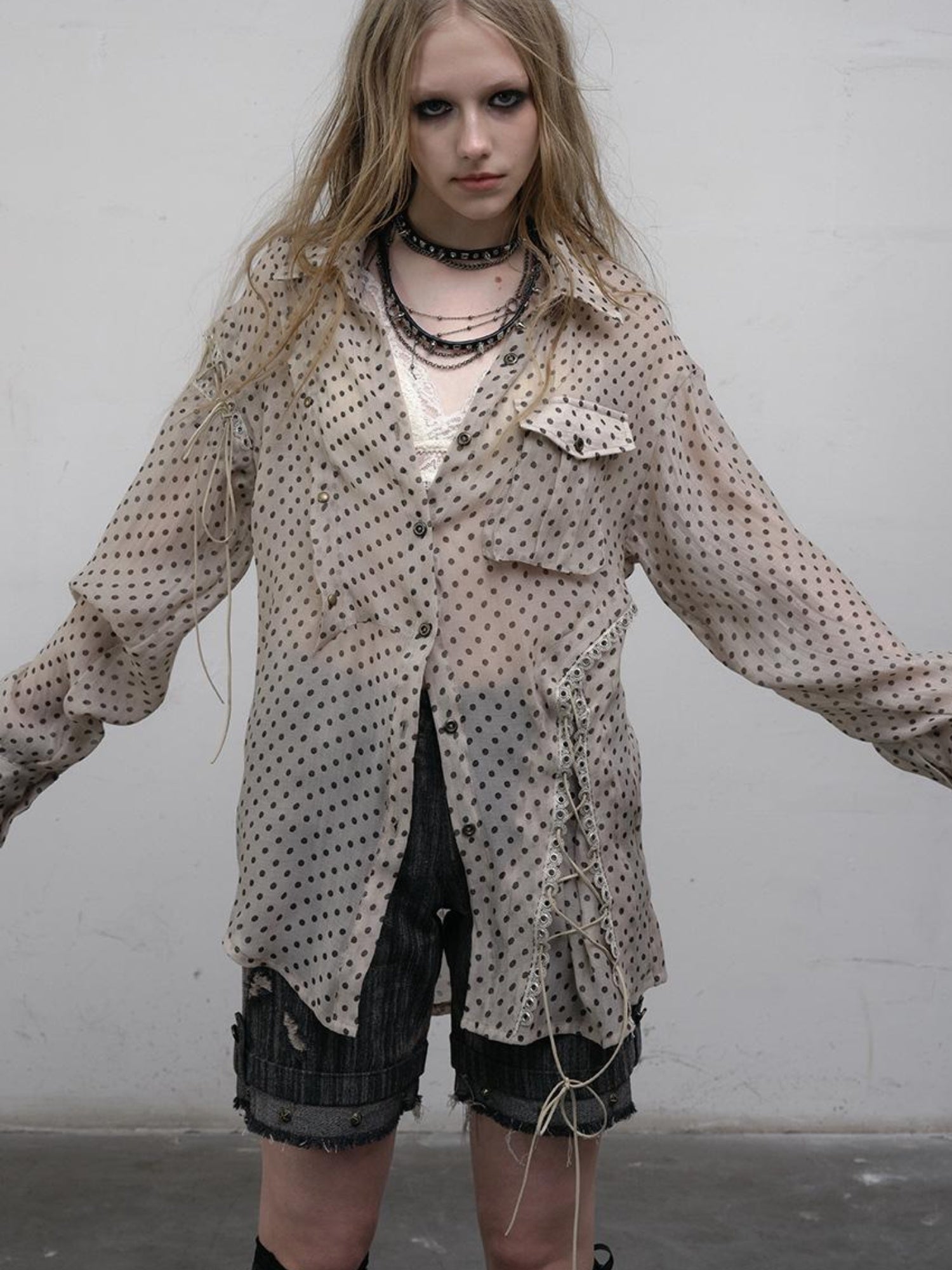 NO ROMANCE Vintage Punk Sheer Chiffon Dot Checkered Oversized Shirt