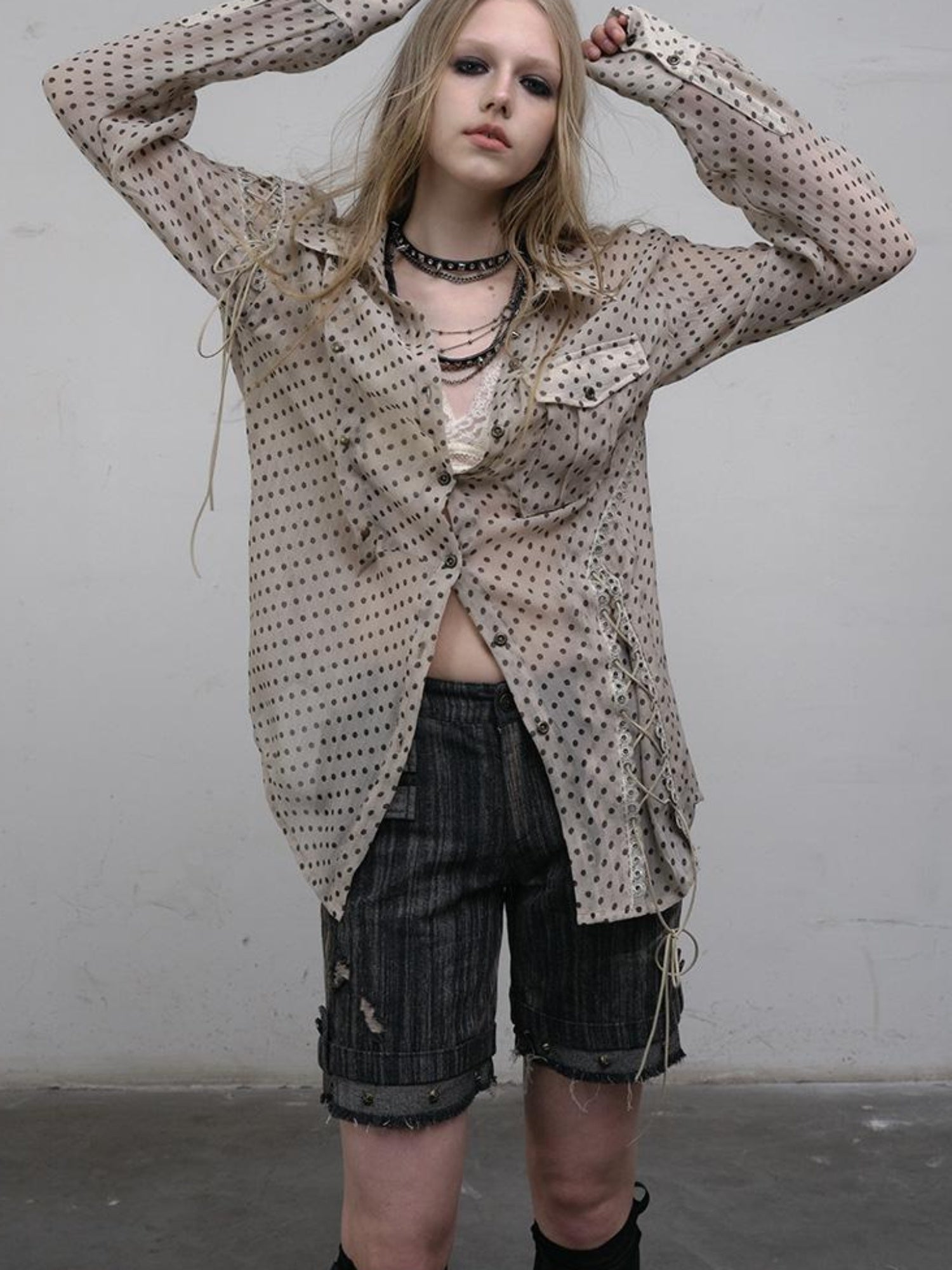 NO ROMANCE Vintage Punk Sheer Chiffon Dot Checkered Oversized Shirt