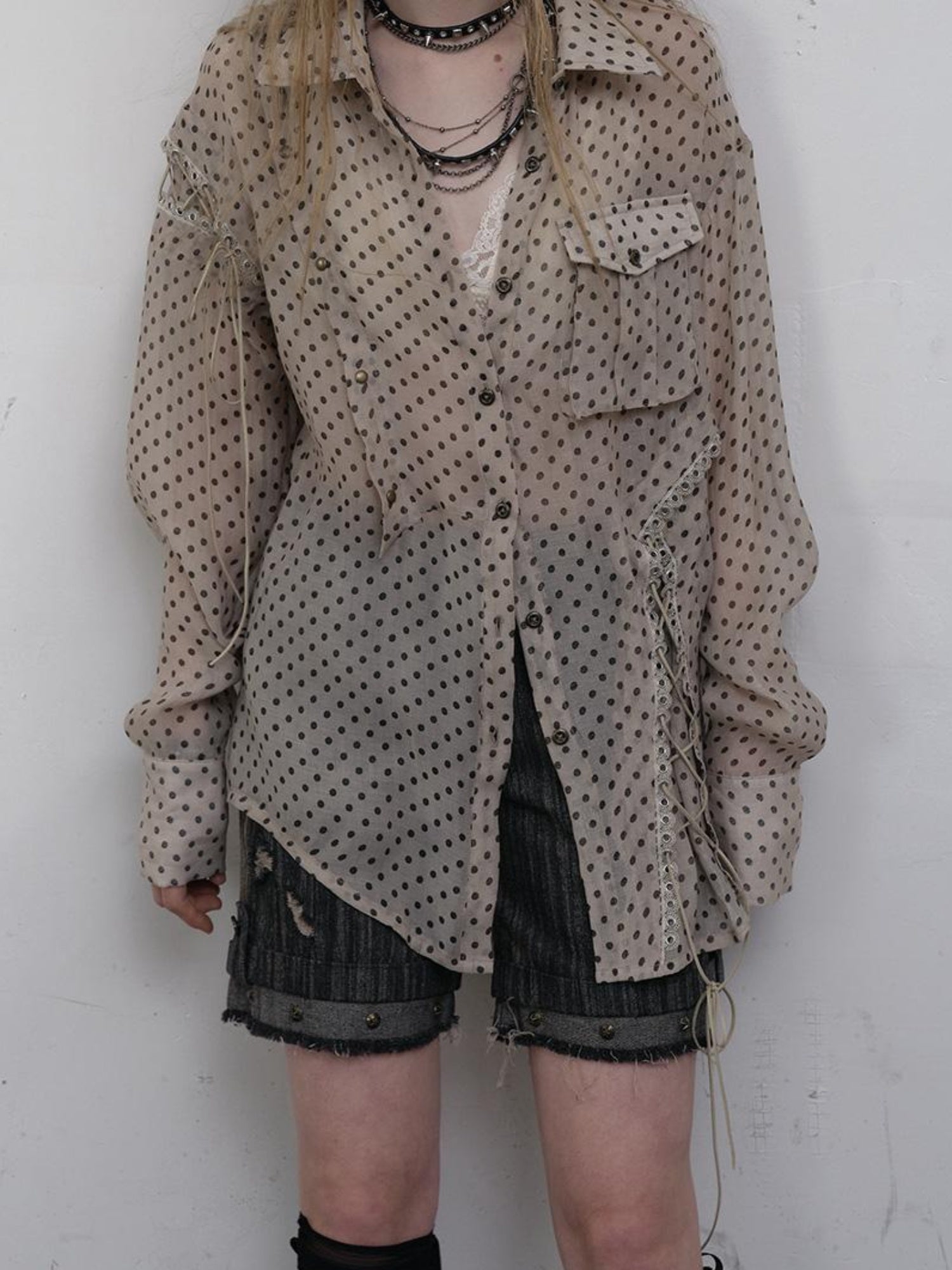NO ROMANCE Vintage Punk Sheer Chiffon Dot Checkered Oversized Shirt