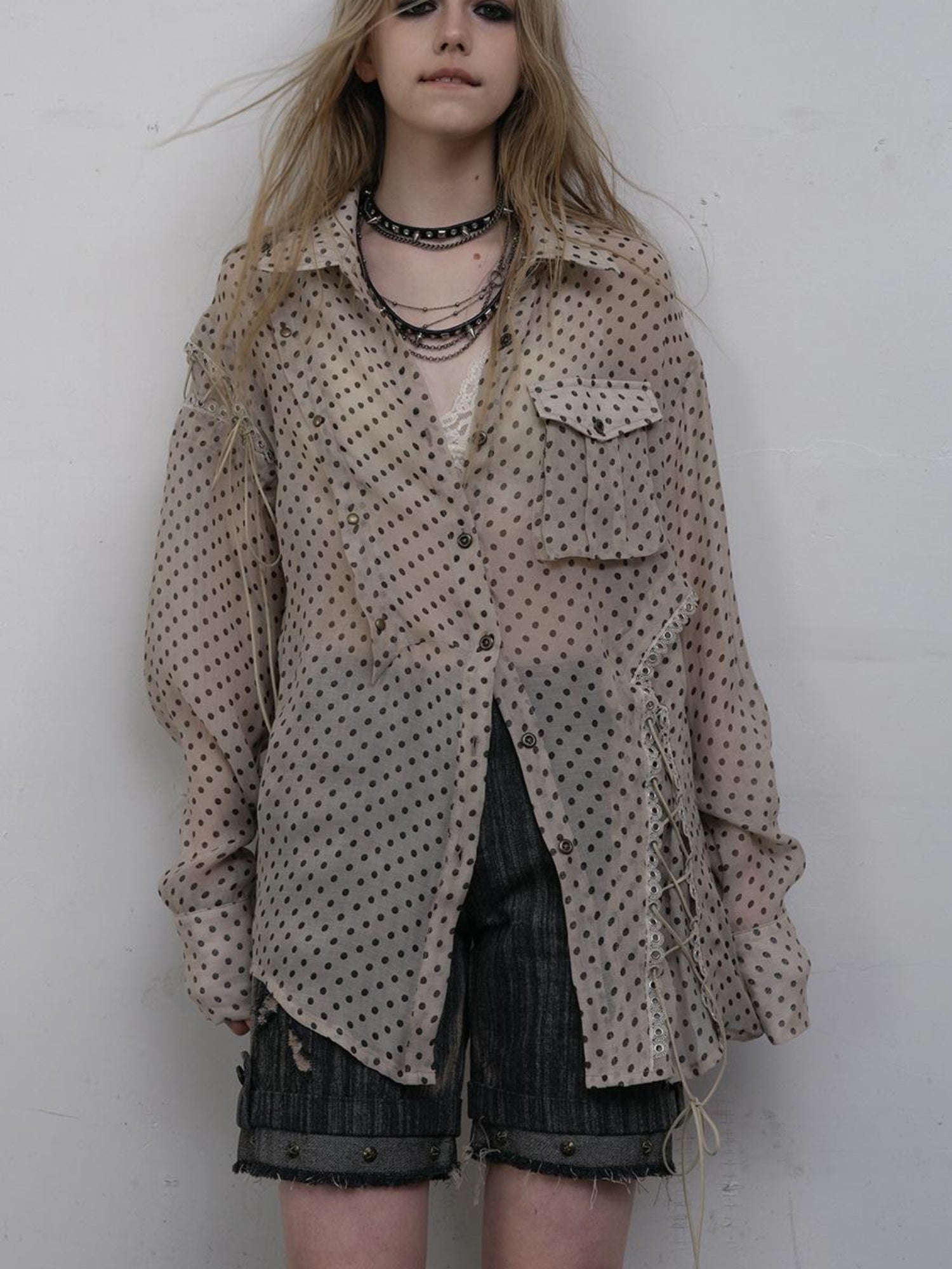 NO ROMANCE Vintage Punk Sheer Chiffon Dot Checkered Oversized Shirt
