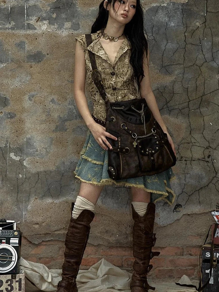 Vintage Punk Shoulder Bag With Chains & Studs For Women