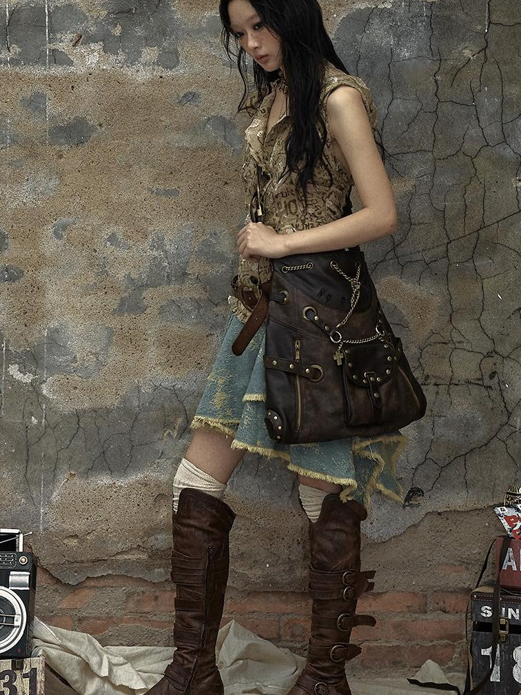 NO ROMANCE Vintage Punk Shoulder Bag With Chains & Studs For Women