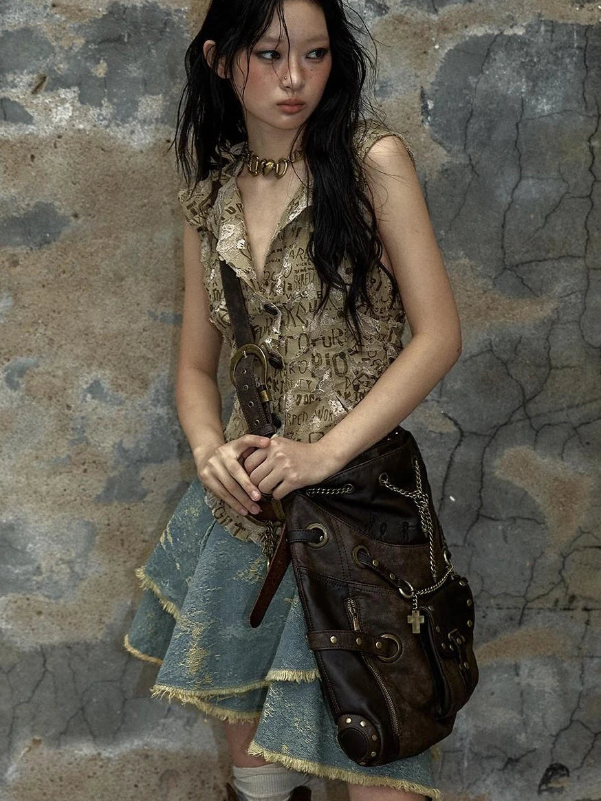 Vintage Punk Shoulder Bag With Chains & Studs For Women