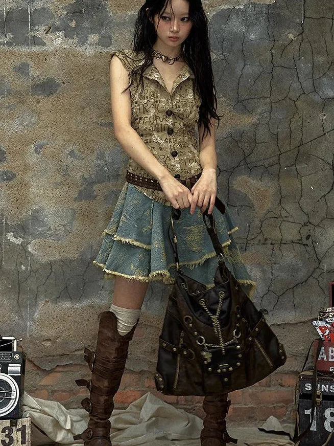 Vintage Punk Shoulder Bag With Chains & Studs For Women