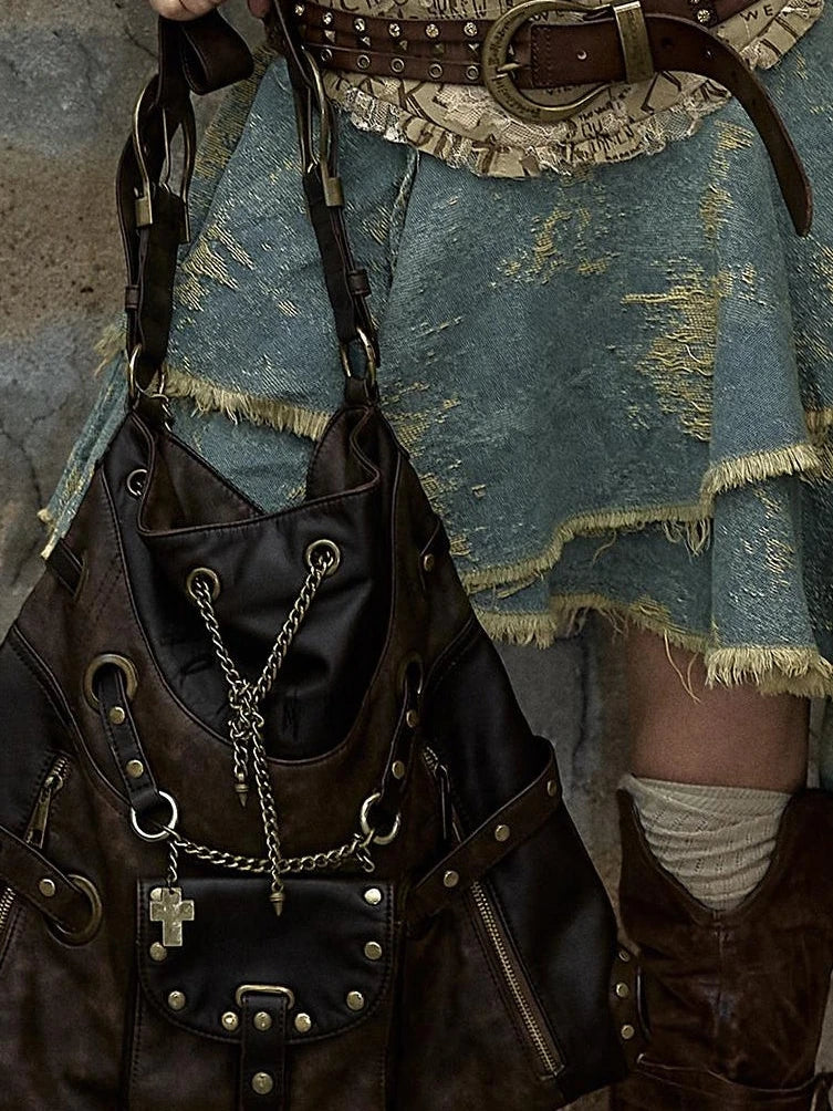 Vintage Punk Shoulder Bag With Chains & Studs For Women