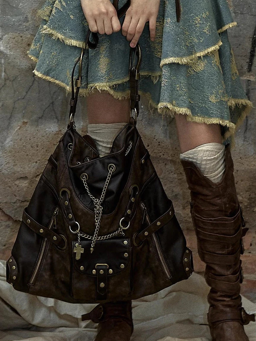 Vintage Punk Shoulder Bag With Chains & Studs For Women