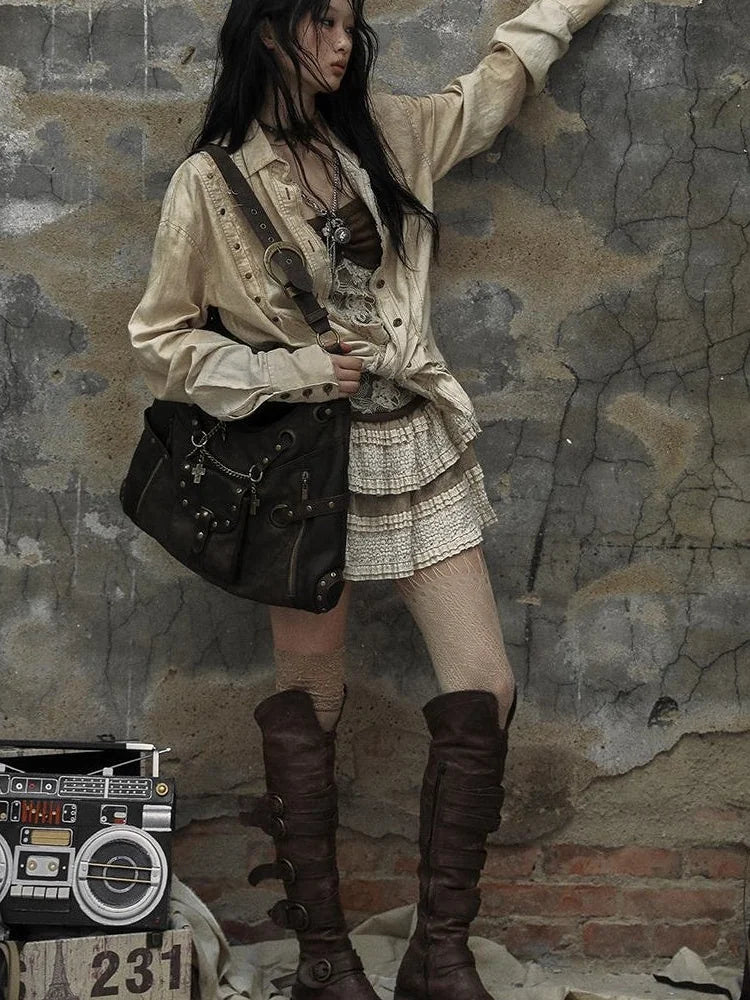 Vintage Punk Shoulder Bag With Chains & Studs For Women