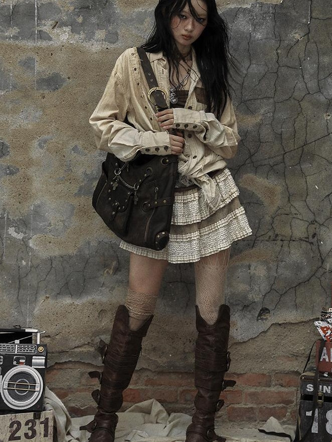 NO ROMANCE Vintage Punk Shoulder Bag With Chains & Studs For Women