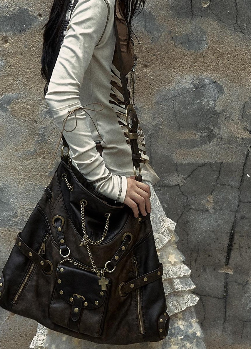 NO ROMANCE Vintage Punk Shoulder Bag With Chains & Studs For Women
