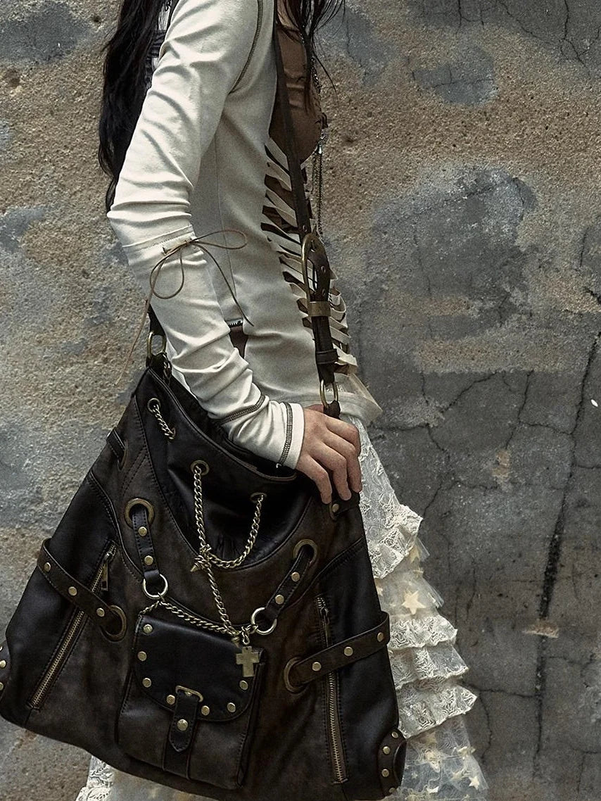 Vintage Punk Shoulder Bag With Chains & Studs For Women