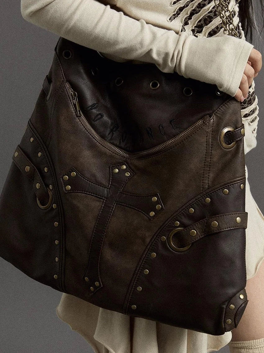 Vintage Punk Shoulder Bag With Chains & Studs For Women