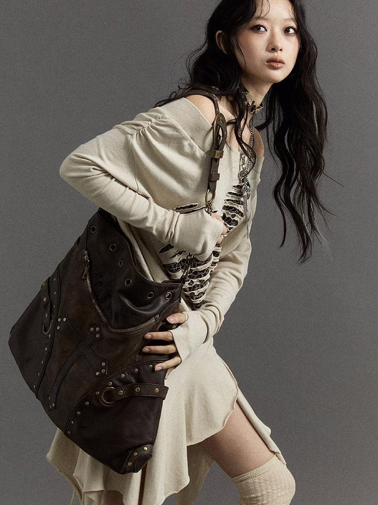 NO ROMANCE Vintage Punk Shoulder Bag With Chains & Studs For Women