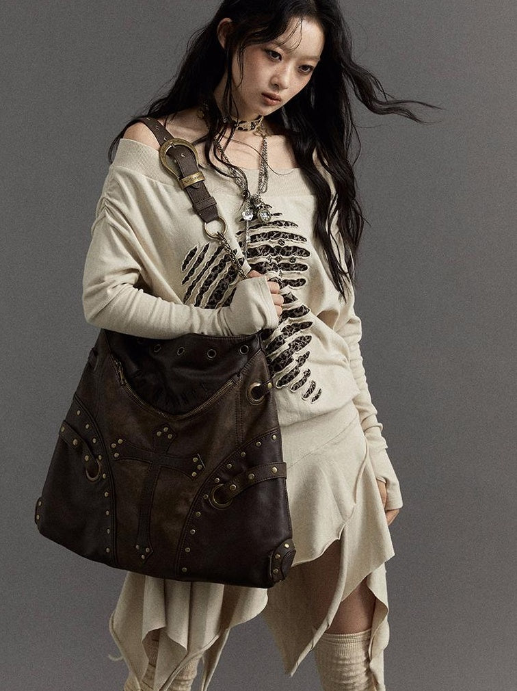 NO ROMANCE Vintage Punk Shoulder Bag With Chains & Studs For Women