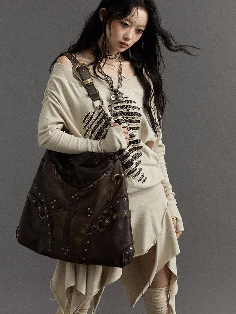 Vintage Punk Shoulder Bag With Chains & Studs For Women