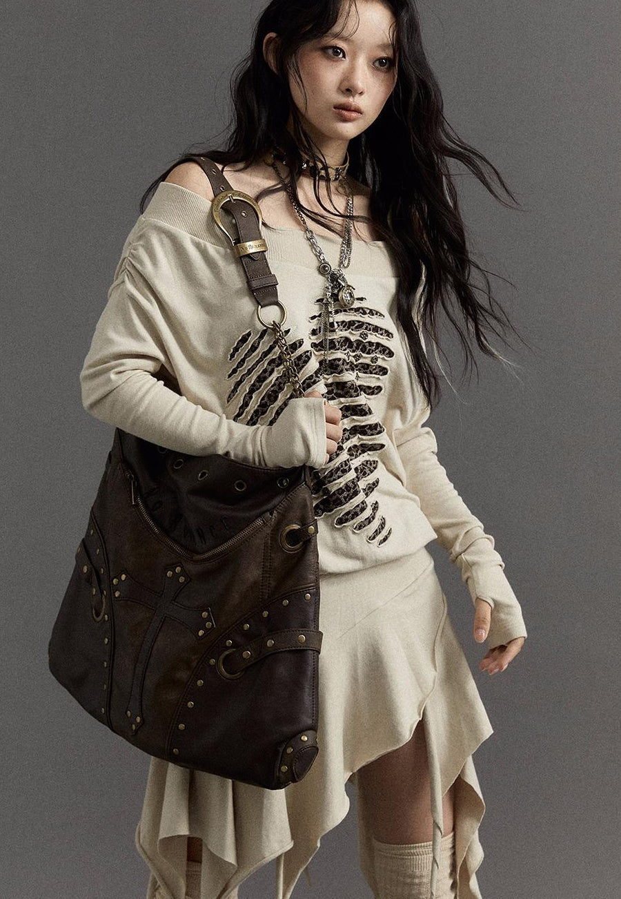 NO ROMANCE Vintage Punk Shoulder Bag With Chains & Studs For Women