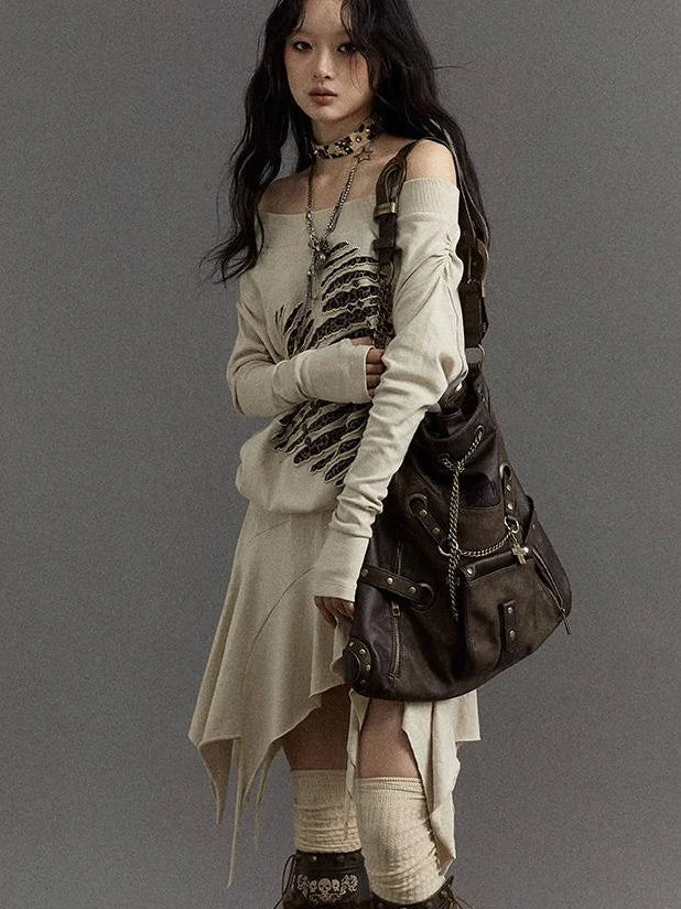 Vintage Punk Shoulder Bag With Chains & Studs For Women