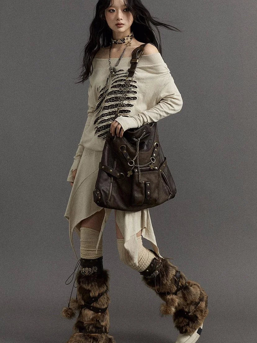 Vintage Punk Shoulder Bag With Chains & Studs For Women