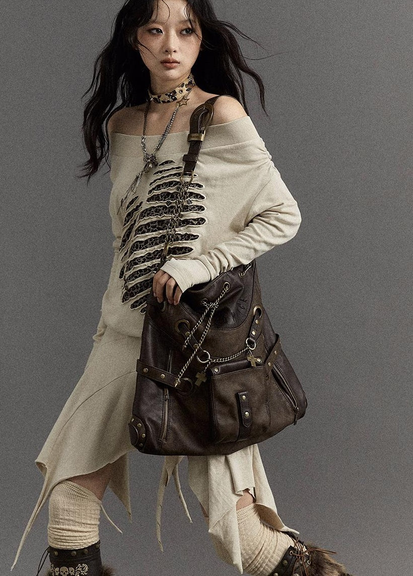 NO ROMANCE Vintage Punk Shoulder Bag With Chains & Studs For Women