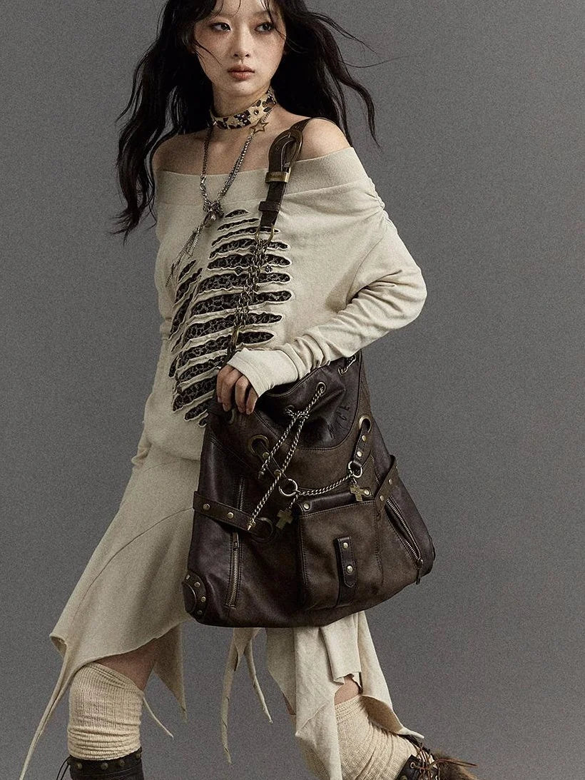 Vintage Punk Shoulder Bag With Chains & Studs For Women